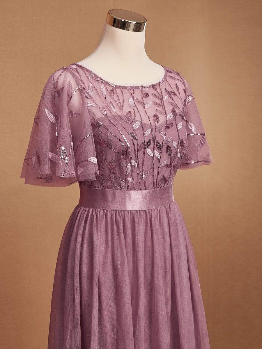 2023 New Women's Burgundy A-Line Sequin Mesh Leaf Maxi Prom Dress Sparkle Evening Dresses O-Neck Short Sleeve Long Dress