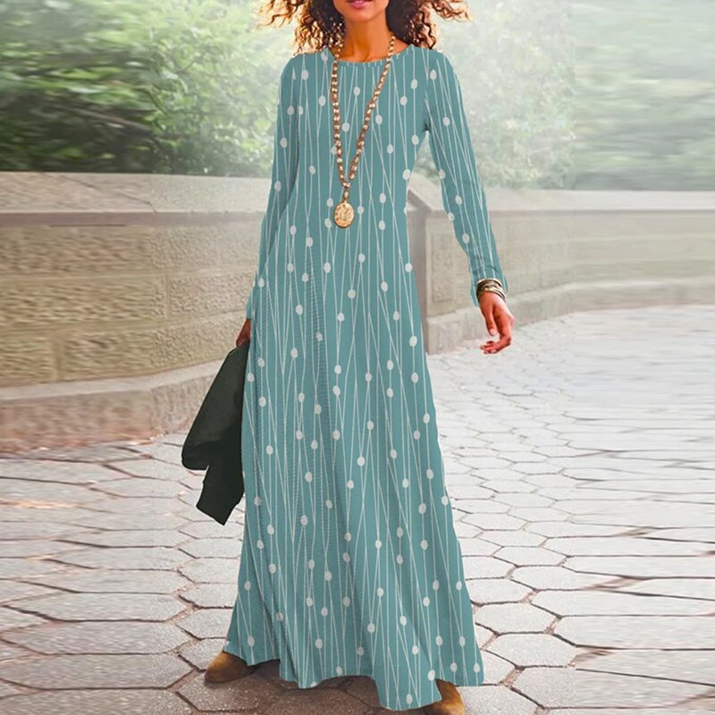 2023 Spring Geometric Print Long Party Dress Women Elegant O Neck Office Maxi Dress Autumn Long Sleeve Hem Boho Lady Dress Mujer