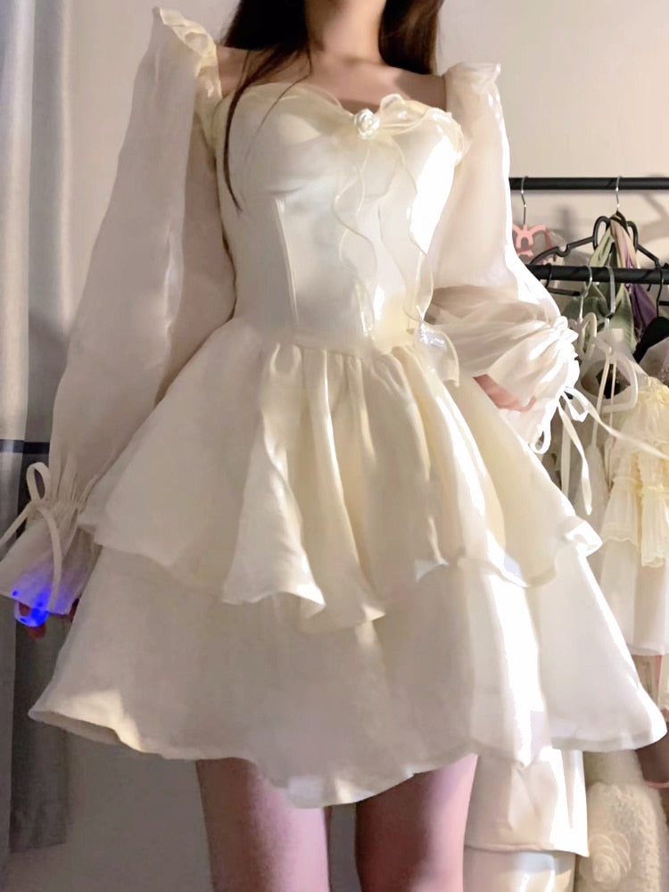 2023 Spring Pure Color French Fairy Mini Dress Y2k Party Slim One Piece Dress Korean Design Lace Sweet Sexy Women Dress Lolita