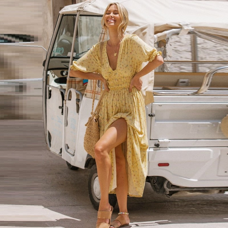 2023 Spring New Long Dress Women's V-neck Split Printing Dress Floral Elastic Waist Sexy Backless Lace-up Dress Mujer Boho Robes