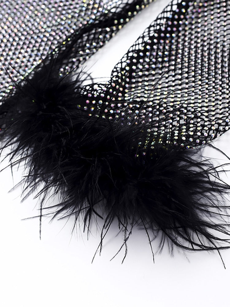 2023 Sexy Rhinestones Mesh Feathers Dress Women Fashion Tassel See Through Long Sleeve Dress Shinny Sequins Club Party Outfit