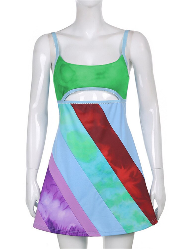 Y2K Women Suspender A-Line Dress Summer Sleeveless Contrast Color U-Neck Cutout Short Bodycon Dress Harajuku Sundress 2022 New