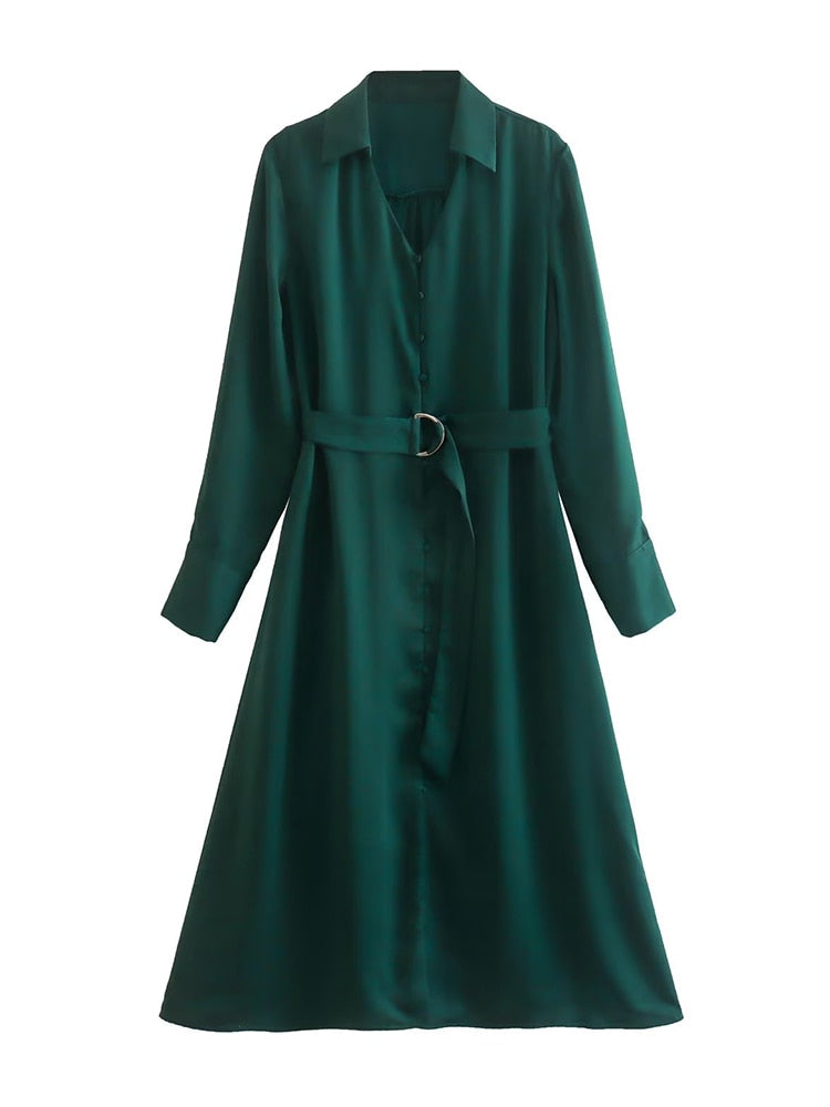 2023 New Spring Women With Blet Green Satin Shirt Dress Long Sleeve Female Midi Vestidos