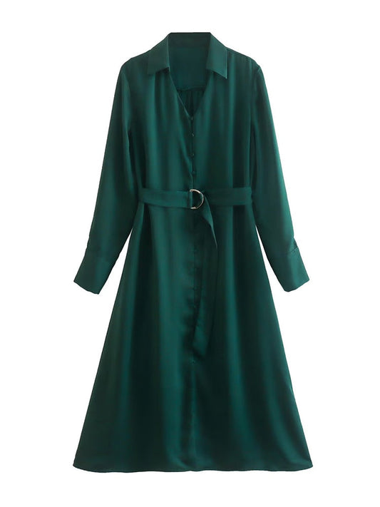2023 New Spring Women With Blet Green Satin Shirt Dress Long Sleeve Female Midi Vestidos
