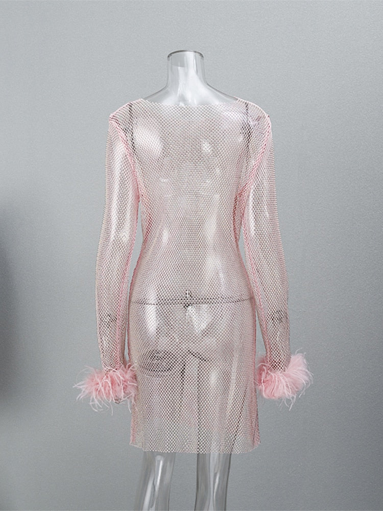 2023 Sexy Rhinestones Mesh Feathers Dress Women Fashion Tassel See Through Long Sleeve Dress Shinny Sequins Club Party Outfit