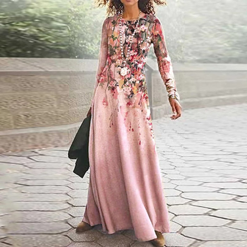 2023 Spring Geometric Print Long Party Dress Women Elegant O Neck Office Maxi Dress Autumn Long Sleeve Hem Boho Lady Dress Mujer