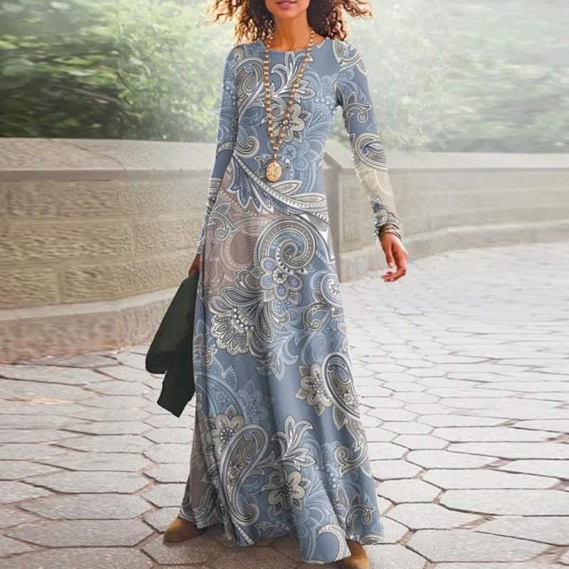 2023 Spring Geometric Print Long Party Dress Women Elegant O Neck Office Maxi Dress Autumn Long Sleeve Hem Boho Lady Dress Mujer