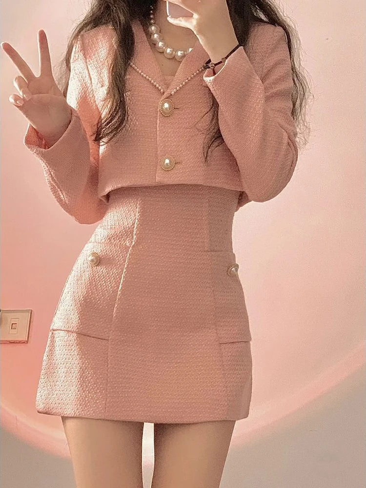-Autumn Pink Elegant Two Piece Set Women Korean Style Balzer Coat+Strap Mini Dress Set Female Solid Casual Slim Designer Set 2024