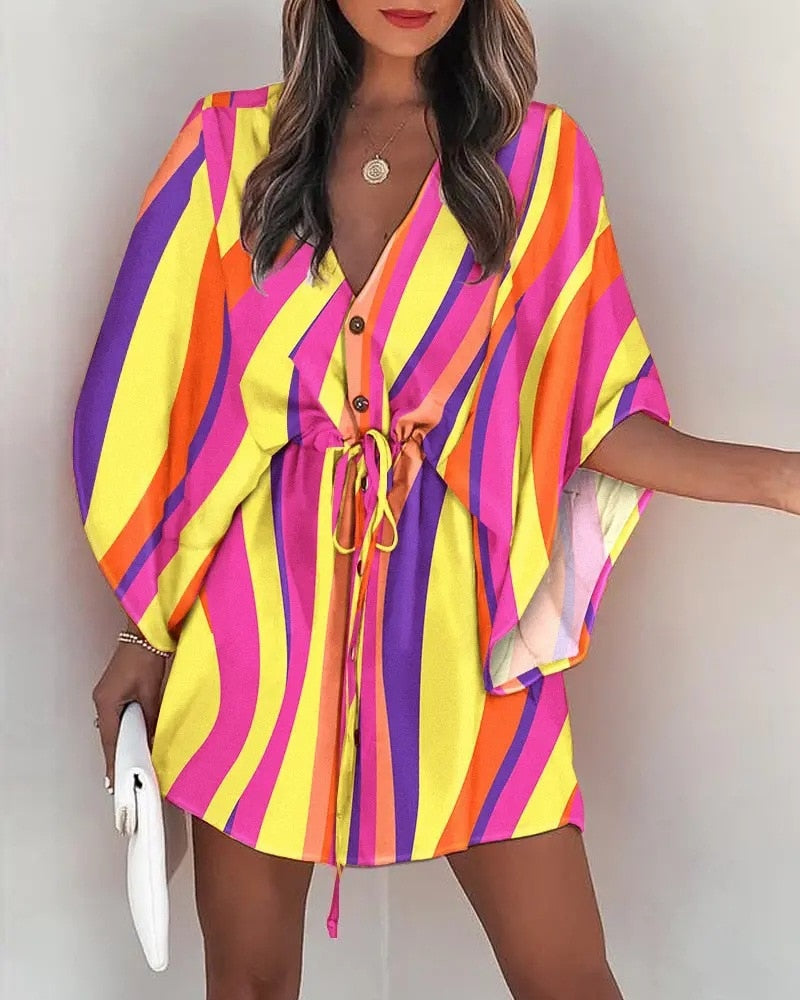 2023 Summer Boho Dresses Women Casual Flora Print Batwing Sleeve Lace-Up Dress Sexy V Neck Loose Ladies Beach Mini Dress Vestido
