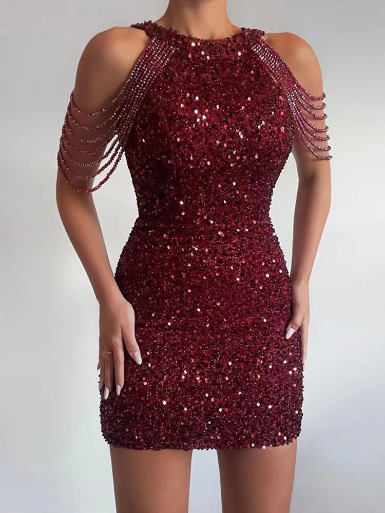 2023 Sexy Sleeveless Off Shoulder Skinny Dress Fashion Mini High Waist Party Dress for Women Elegant Halter Chain Sequin Dress