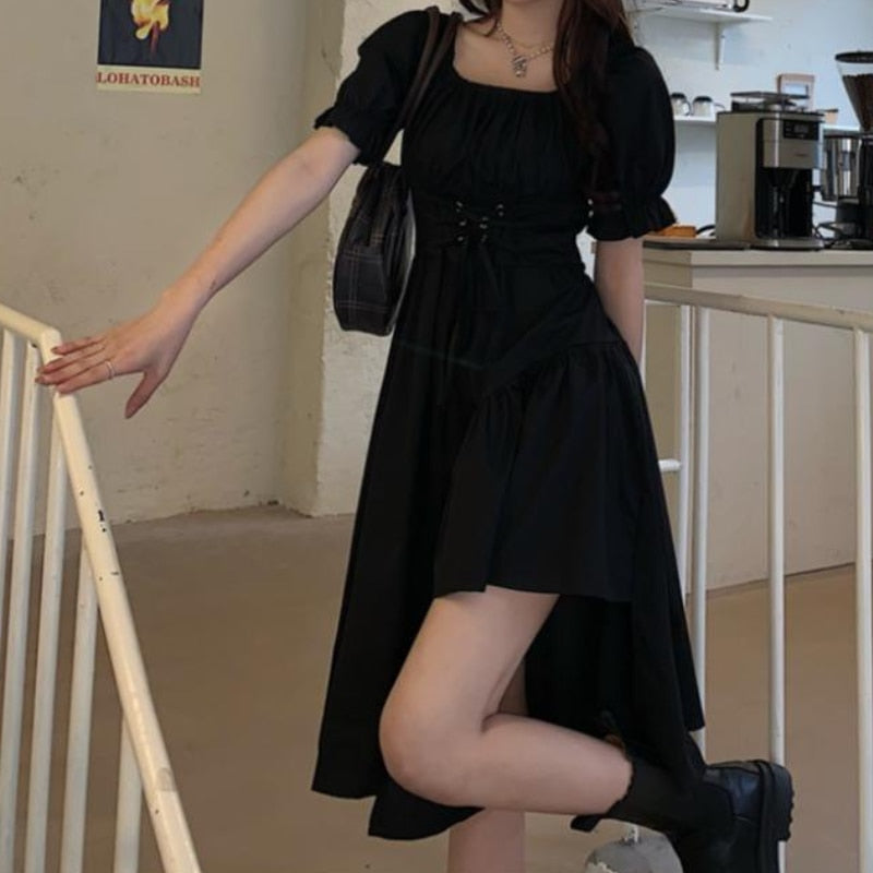 Women&#39;s White Dress Summer Elegant Vintage Kawaii Puff Sleeve Midi Dress Square Collar Bandage Sundress Goth Outfits