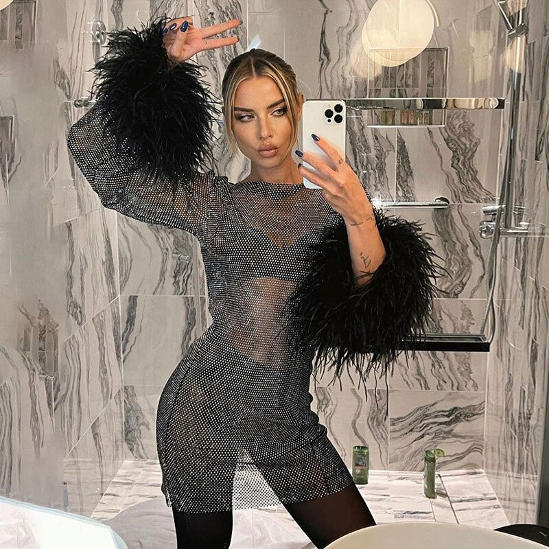 2023 Sexy Rhinestones Mesh Feathers Dress Women Fashion Tassel See Through Long Sleeve Dress Shinny Sequins Club Party Outfit