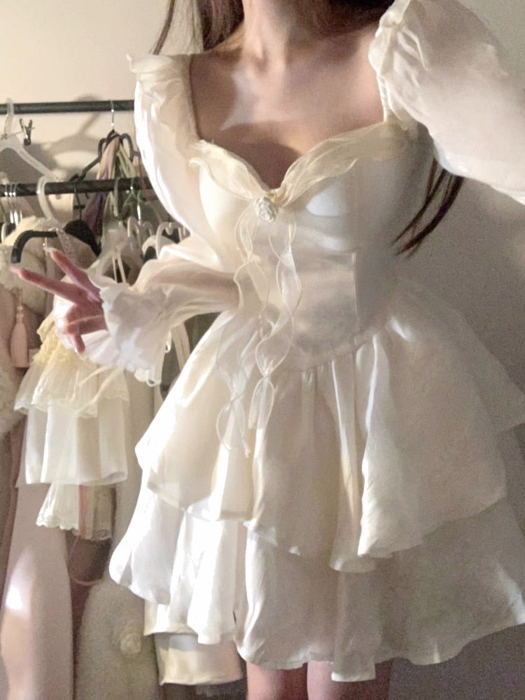 2023 Spring Pure Color French Fairy Mini Dress Y2k Party Slim One Piece Dress Korean Design Lace Sweet Sexy Women Dress Lolita