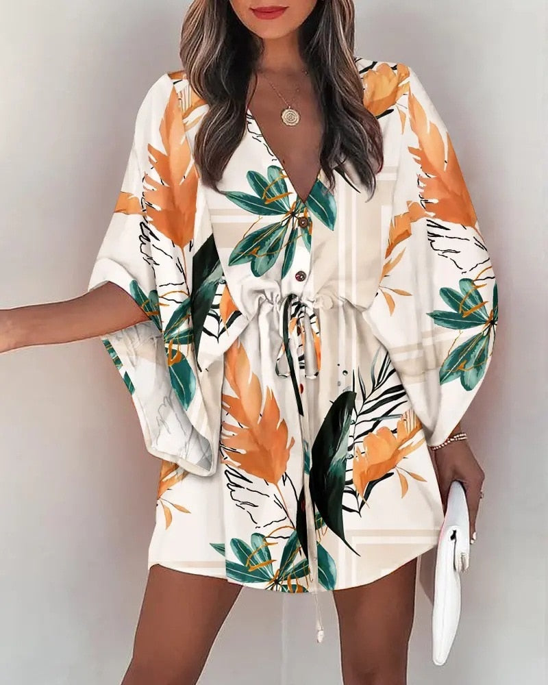 2023 Summer Boho Dresses Women Casual Flora Print Batwing Sleeve Lace-Up Dress Sexy V Neck Loose Ladies Beach Mini Dress Vestido
