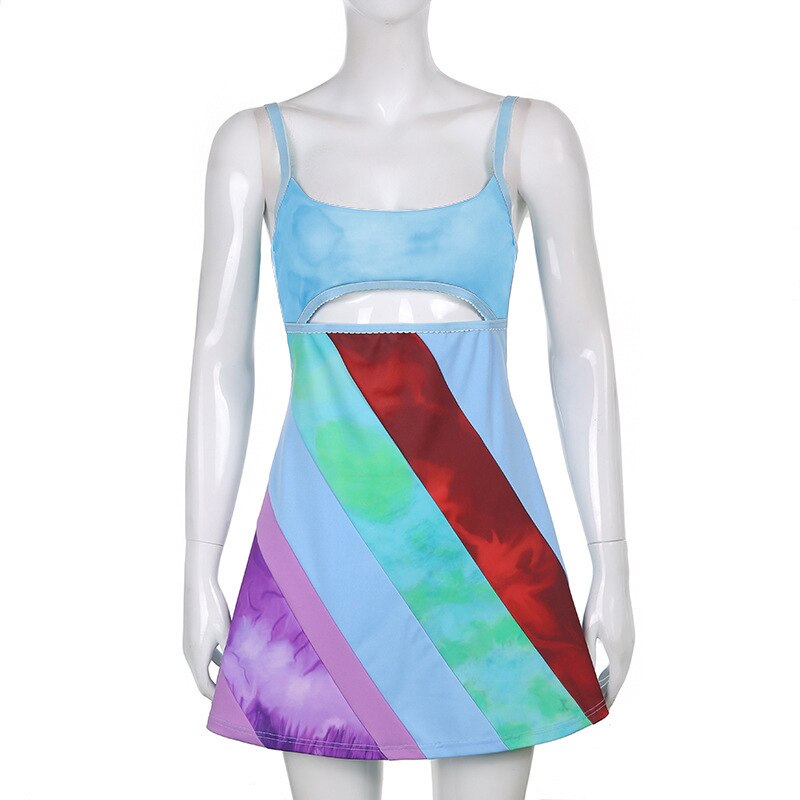 Y2K Women Suspender A-Line Dress Summer Sleeveless Contrast Color U-Neck Cutout Short Bodycon Dress Harajuku Sundress 2022 New
