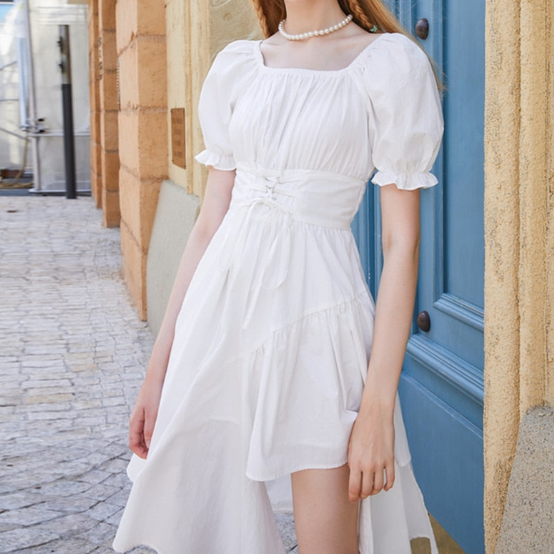 Women&#39;s White Dress Summer Elegant Vintage Kawaii Puff Sleeve Midi Dress Square Collar Bandage Sundress Goth Outfits
