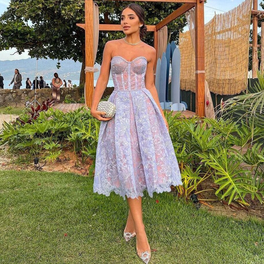 2023 Spring Summer Formal Evening Dress Women's Lace Embroidery Strapless A-line Tunic Midi Birthday Party Dresses White Purple
