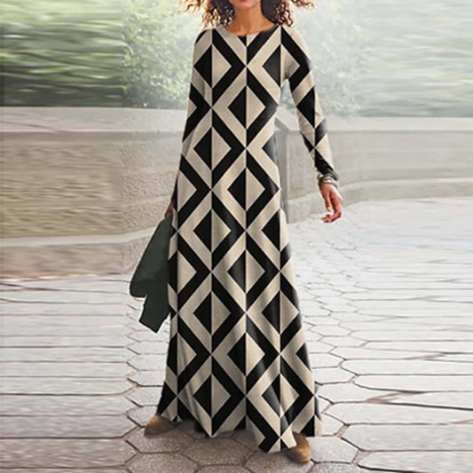 2023 Spring Geometric Print Long Party Dress Women Elegant O Neck Office Maxi Dress Autumn Long Sleeve Hem Boho Lady Dress Mujer