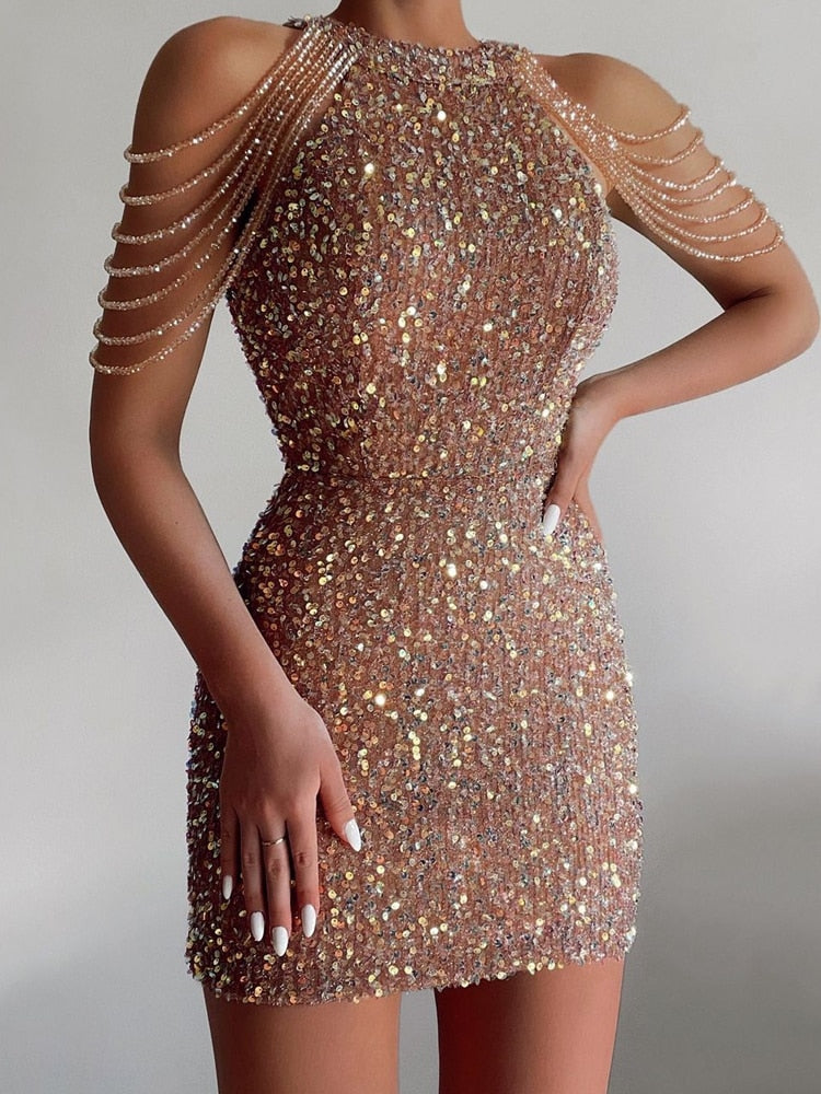 2023 Sexy Sleeveless Off Shoulder Skinny Dress Fashion Mini High Waist Party Dress for Women Elegant Halter Chain Sequin Dress