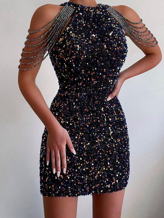 2023 Sexy Sleeveless Off Shoulder Skinny Dress Fashion Mini High Waist Party Dress for Women Elegant Halter Chain Sequin Dress