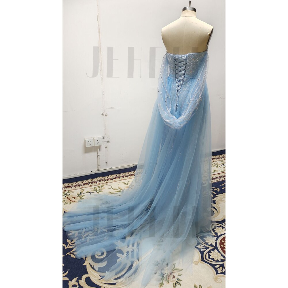 2023 New Sky Blue Off Shoulder Mermaid Sequined Evening Prom Dress for Women Sexy Sweetheart High Slit Party Gown Sweep Train