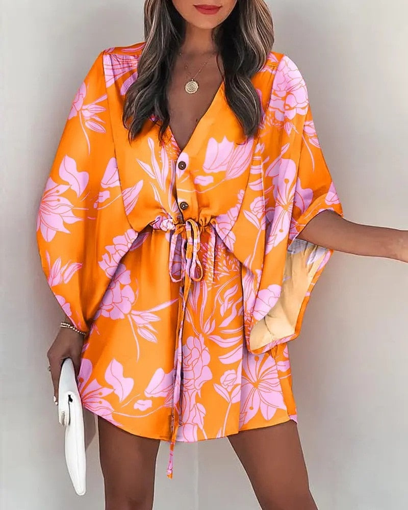 2023 Summer Boho Dresses Women Casual Flora Print Batwing Sleeve Lace-Up Dress Sexy V Neck Loose Ladies Beach Mini Dress Vestido