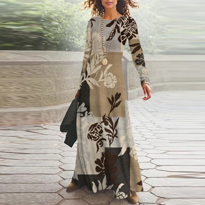 2023 Spring Geometric Print Long Party Dress Women Elegant O Neck Office Maxi Dress Autumn Long Sleeve Hem Boho Lady Dress Mujer