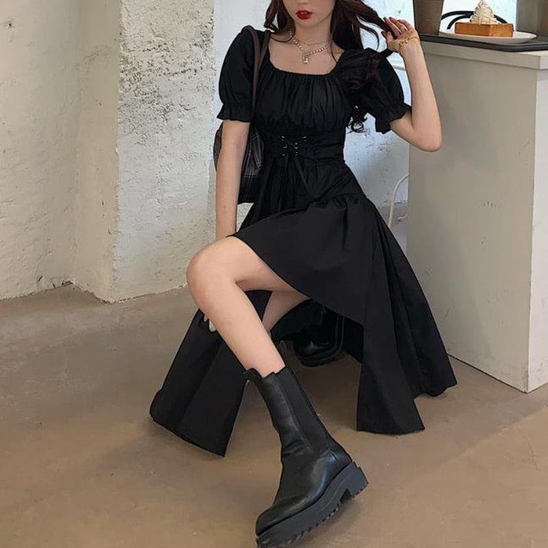 Women&#39;s White Dress Summer Elegant Vintage Kawaii Puff Sleeve Midi Dress Square Collar Bandage Sundress Goth Outfits