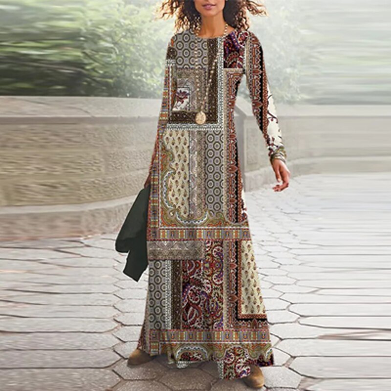 2023 Spring Geometric Print Long Party Dress Women Elegant O Neck Office Maxi Dress Autumn Long Sleeve Hem Boho Lady Dress Mujer