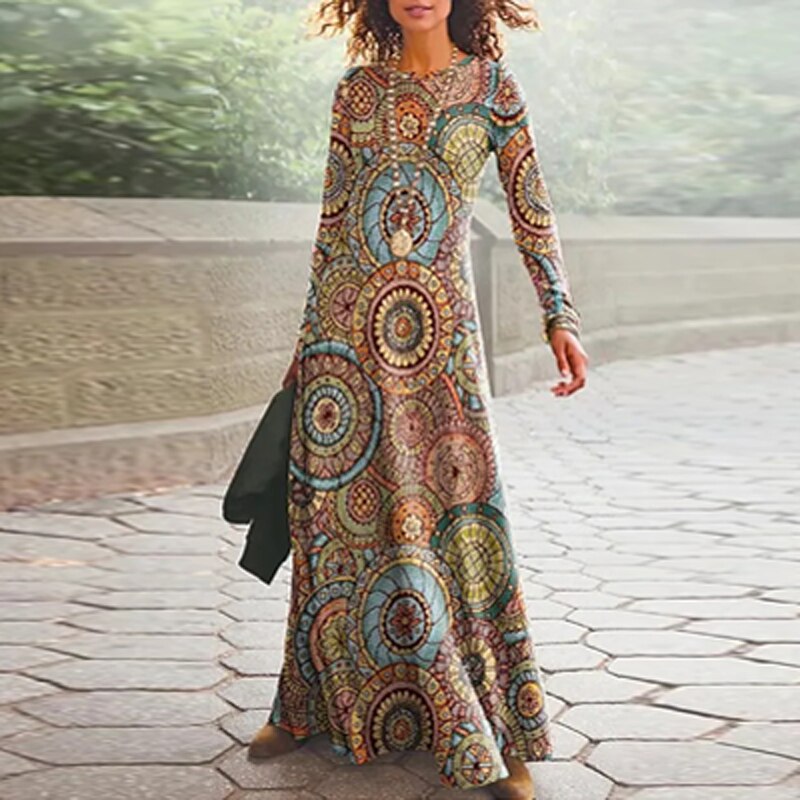 2023 Spring Geometric Print Long Party Dress Women Elegant O Neck Office Maxi Dress Autumn Long Sleeve Hem Boho Lady Dress Mujer