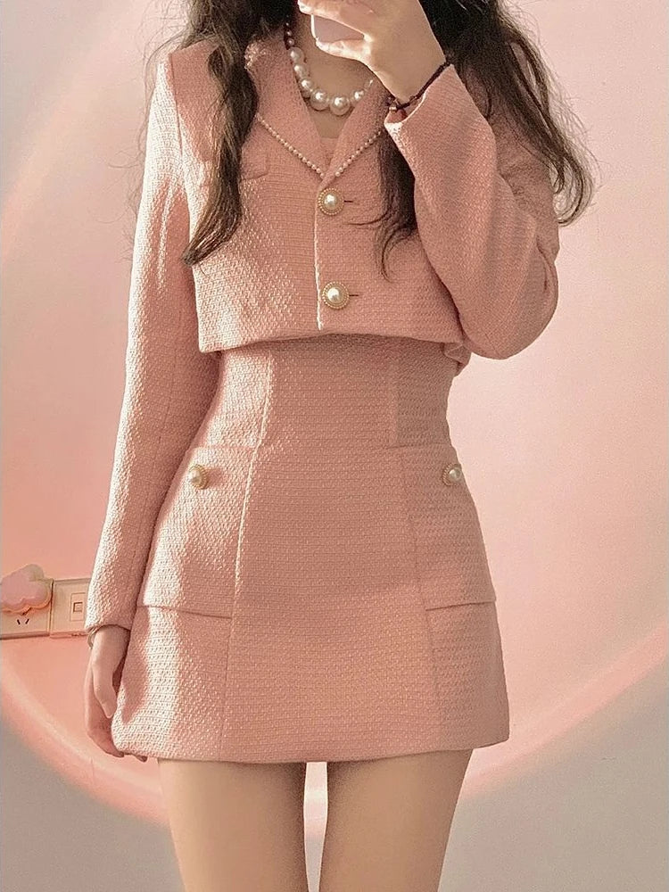-Autumn Pink Elegant Two Piece Set Women Korean Style Balzer Coat+Strap Mini Dress Set Female Solid Casual Slim Designer Set 2024