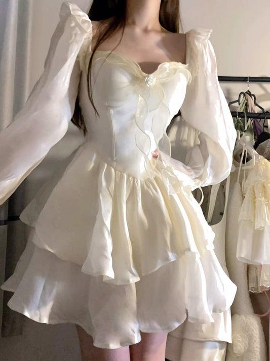 2023 Spring Pure Color French Fairy Mini Dress Y2k Party Slim One Piece Dress Korean Design Lace Sweet Sexy Women Dress Lolita