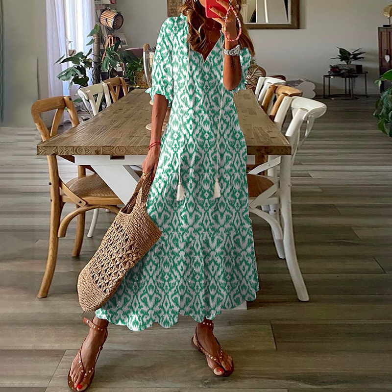 Women'S Half Sleeve Floral Print  V Neck Casual Geometric Maxi Dress
