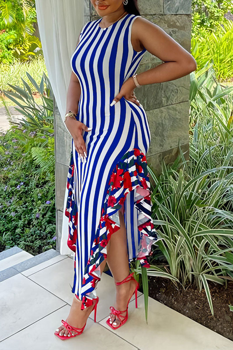 Yellow Casual Sweet Daily Simplicity Mixed Printing Striped Printing Contrast O Neck Dresses