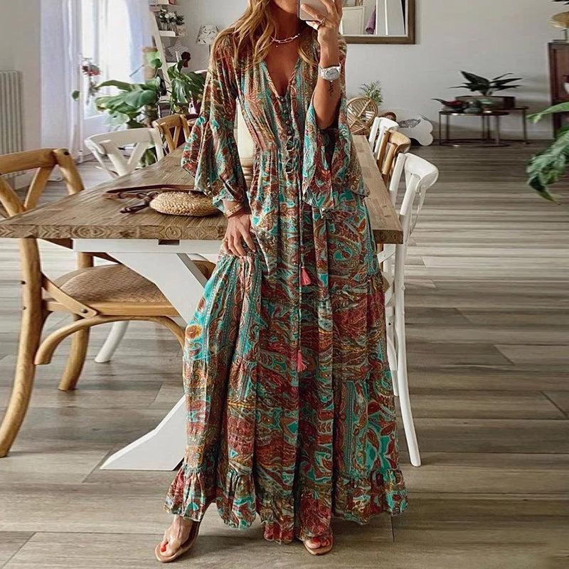 Women's Boho Floral Pattern Flared Sleeve Maxi Dress