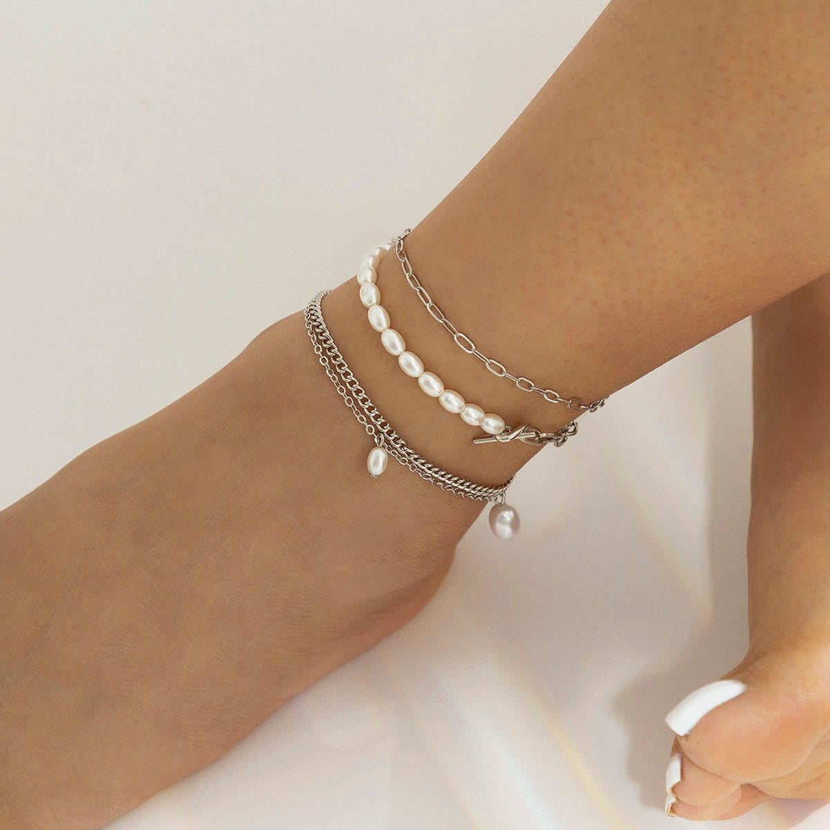 Bohemia Toggle Clasp Pearl Charm Paperclip Curb Cable Chain Anklet Set