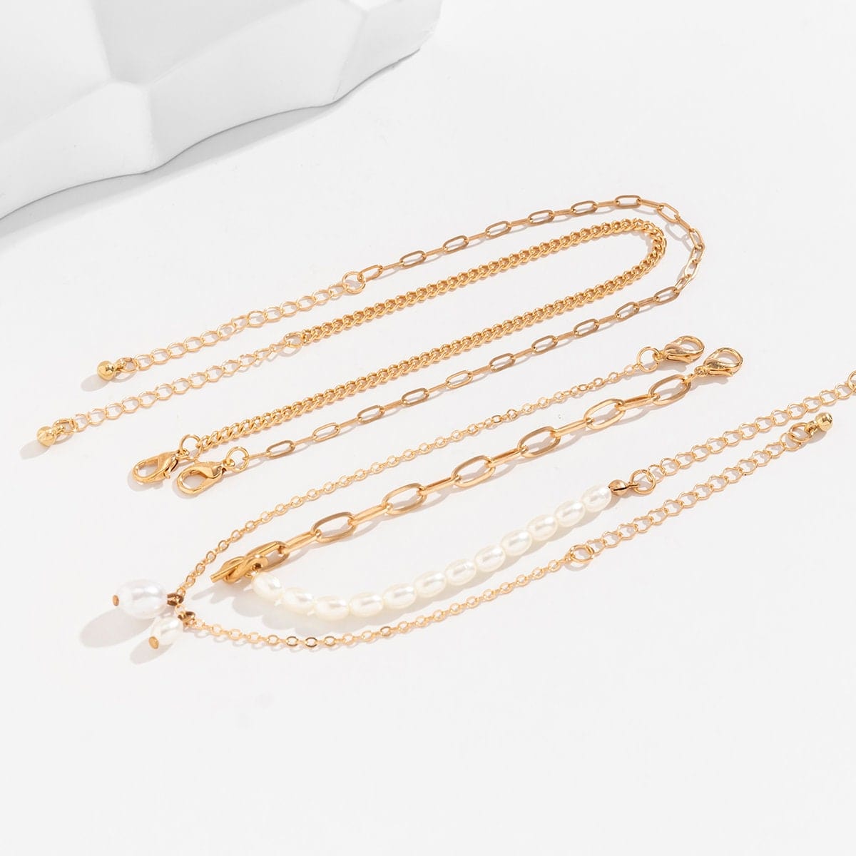 Bohemia Toggle Clasp Pearl Charm Paperclip Curb Cable Chain Anklet Set