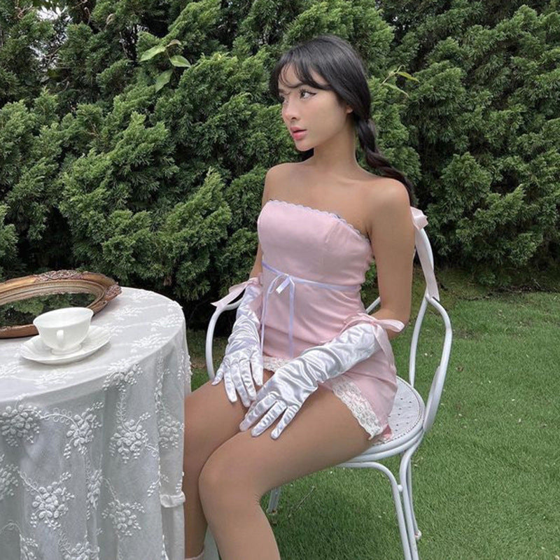 Women Summer Sexy y2k Fairy Dress Casual Loose Dress Bowknot Lace Tube Top Mini Dress