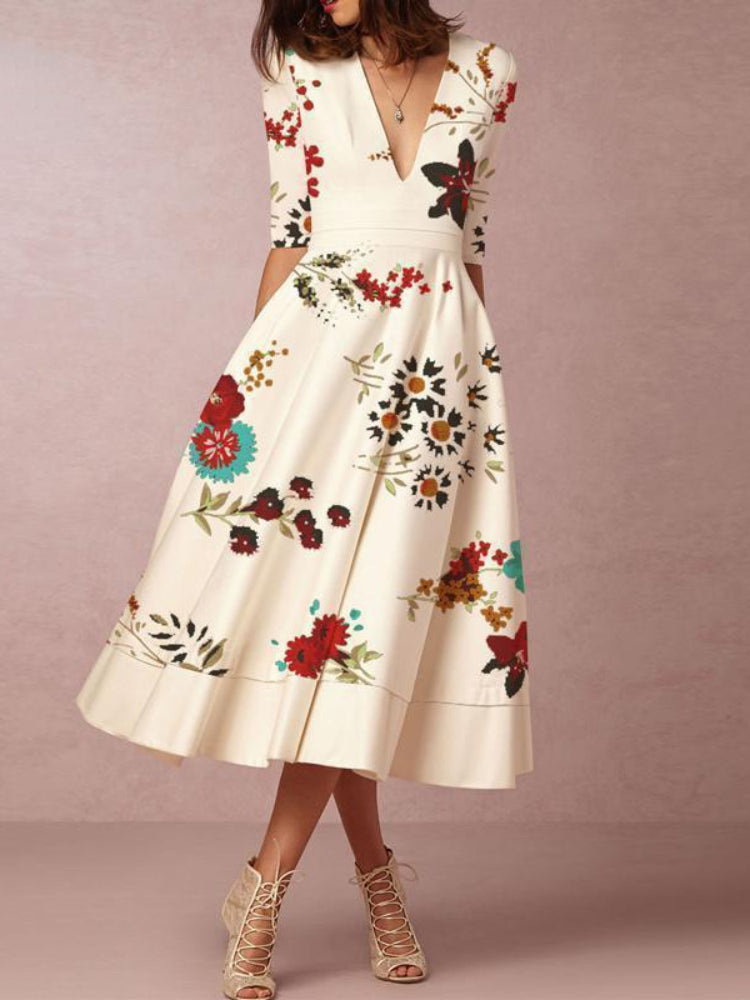 Women's Printed V-Neck Midi Skater Dresses