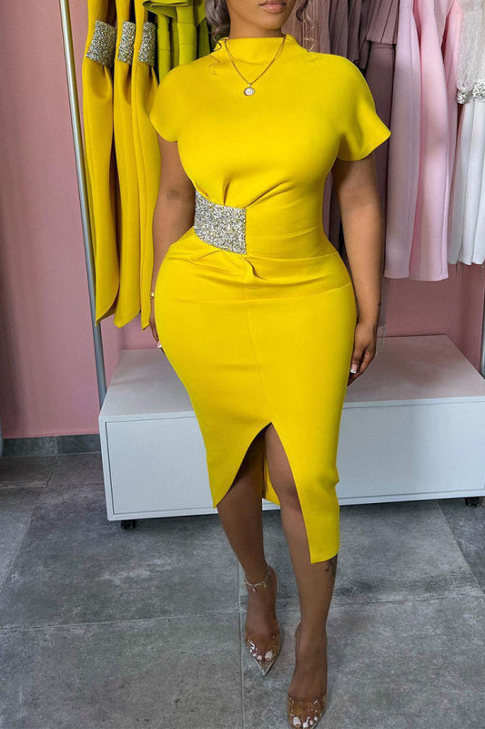 Yellow Casual Daily Elegant Simplicity Slit Asymmetrical Dresses