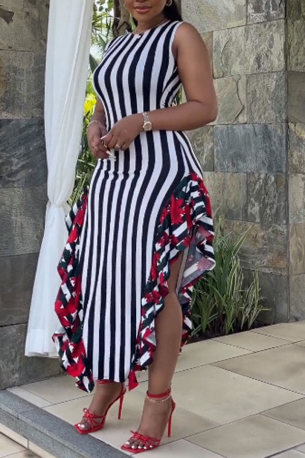 Yellow Casual Sweet Daily Simplicity Mixed Printing Striped Printing Contrast O Neck Dresses